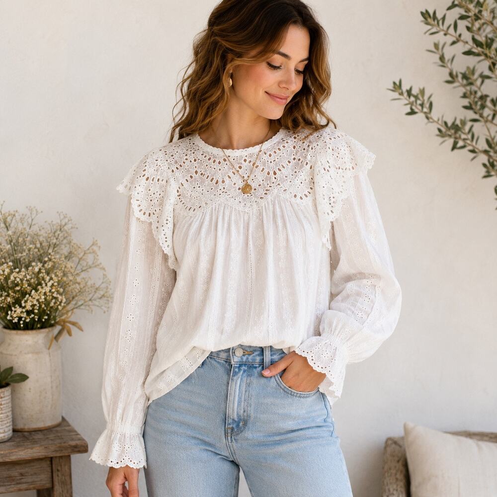 Aeom White Eyelet Lace Boho Blouse Long Sleeve Cottagecore Sz S